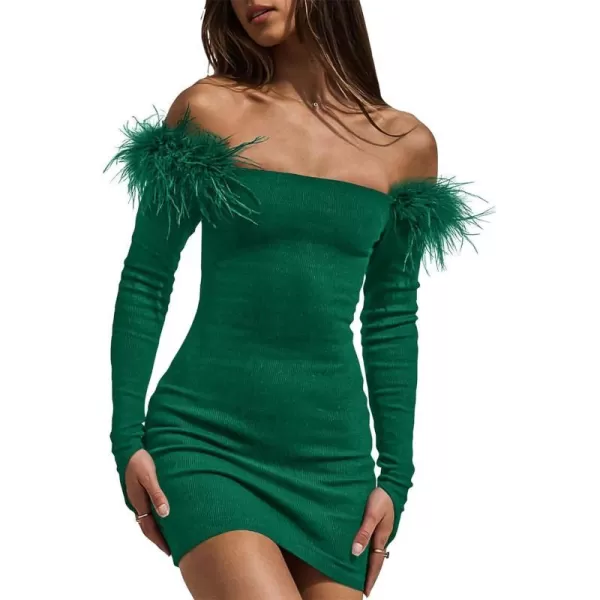 imageBTFBM Womens Off Shoulder Bodycon Dress Feather Long Sleeve Ribbed Knit Elegant Cocktail Evening Party Mini DressesSolid Green