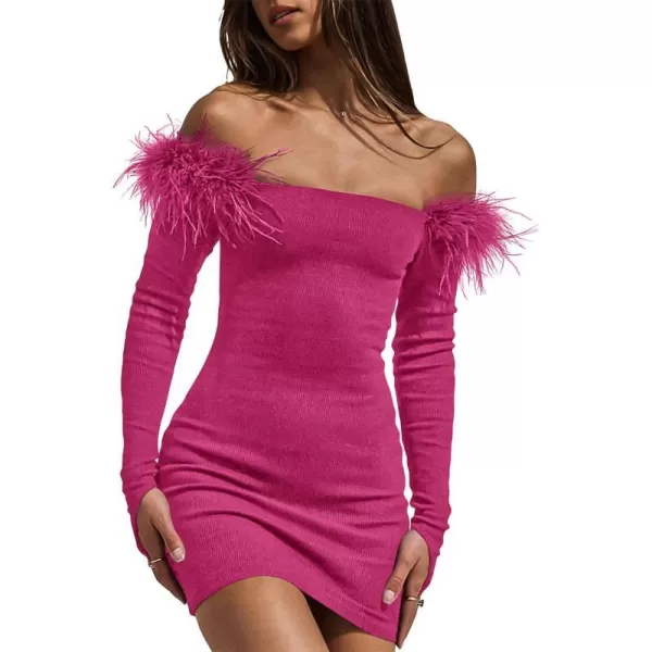imageBTFBM Womens Off Shoulder Bodycon Dress Feather Long Sleeve Ribbed Knit Elegant Cocktail Evening Party Mini DressesSolid Rose Red