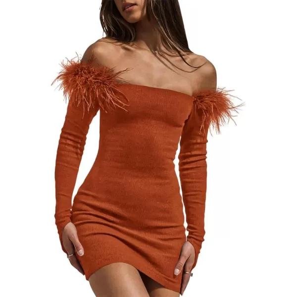 imageBTFBM Womens Off Shoulder Bodycon Dress Feather Long Sleeve Ribbed Knit Elegant Cocktail Evening Party Mini DressesSolid Rust Red