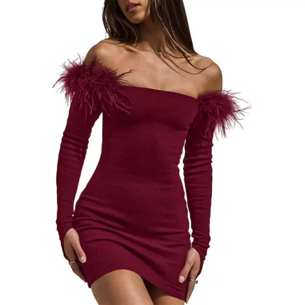imageBTFBM Womens Off Shoulder Bodycon Dress Feather Long Sleeve Ribbed Knit Elegant Cocktail Evening Party Mini DressesSolid Wine Red
