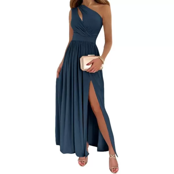 imageBTFBM Womens One Shoulder Cutout Sleeveless Maxi Dresses Side High Split Elegant Formal Prom Bodycon Party Cocktail DressSolid Dark Blue