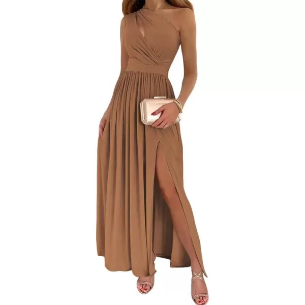 imageBTFBM Womens One Shoulder Cutout Sleeveless Maxi Dresses Side High Split Elegant Formal Prom Bodycon Party Cocktail DressSolid Dark Khaki