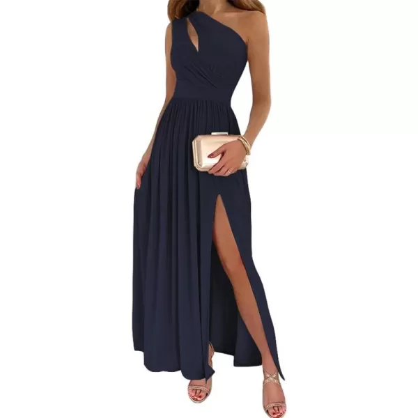 imageBTFBM Womens One Shoulder Cutout Sleeveless Maxi Dresses Side High Split Elegant Formal Prom Bodycon Party Cocktail DressSolid Navy