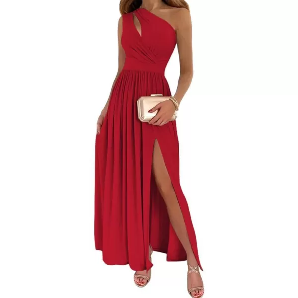 imageBTFBM Womens One Shoulder Cutout Sleeveless Maxi Dresses Side High Split Elegant Formal Prom Bodycon Party Cocktail DressSolid Red