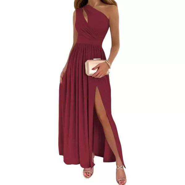 imageBTFBM Womens One Shoulder Cutout Sleeveless Maxi Dresses Side High Split Elegant Formal Prom Bodycon Party Cocktail DressSolid Wine Red