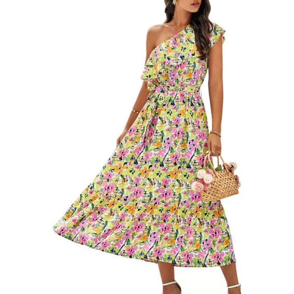 imageBTFBM Womens One Shoulder Maxi Dress Sleeveless Casual Summer Layered Ruffle Boho Floral Print Party Beach ALine DressesMulticolored Pink