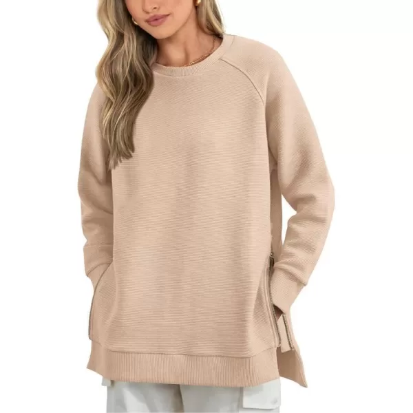 imageBTFBM Womens Oversized Sweatshirt 2023 Fall Fashion Crew Neck Long Sleeve Slit Casual Pullover Tops with Side ZipperSolid Apricot