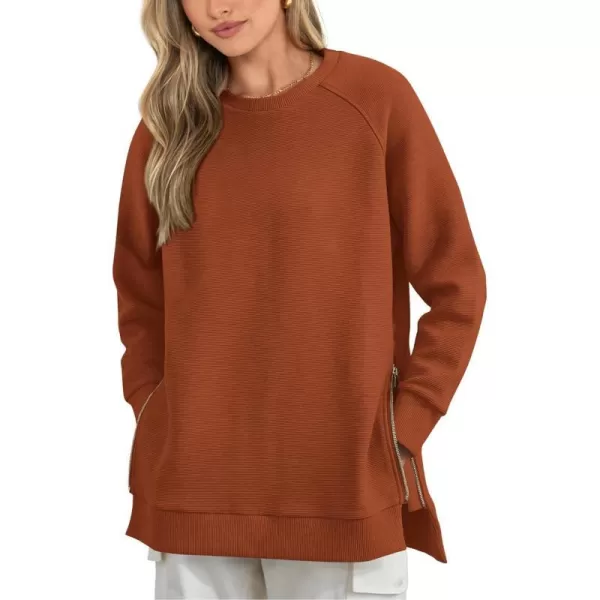 imageBTFBM Womens Oversized Sweatshirt 2023 Fall Fashion Crew Neck Long Sleeve Slit Casual Pullover Tops with Side ZipperSolid Brown