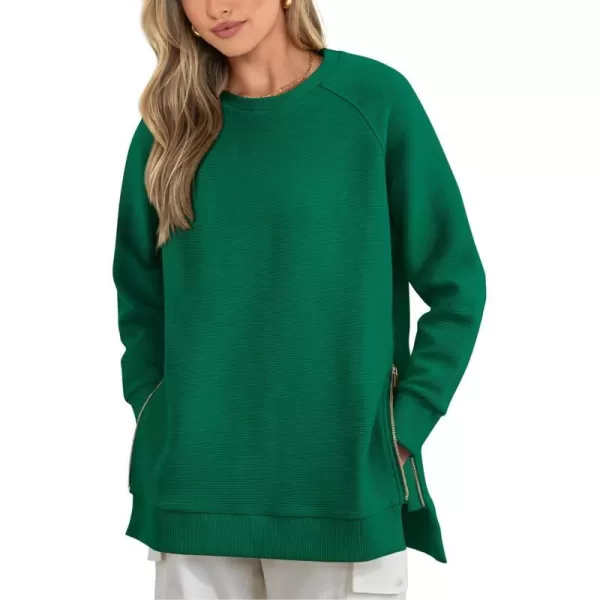 imageBTFBM Womens Oversized Sweatshirt 2023 Fall Fashion Crew Neck Long Sleeve Slit Casual Pullover Tops with Side ZipperSolid Green