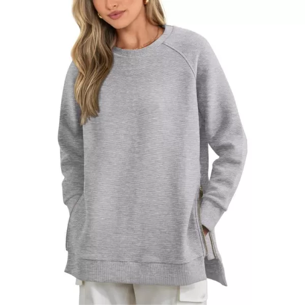 imageBTFBM Womens Oversized Sweatshirt 2023 Fall Fashion Crew Neck Long Sleeve Slit Casual Pullover Tops with Side ZipperSolid Grey