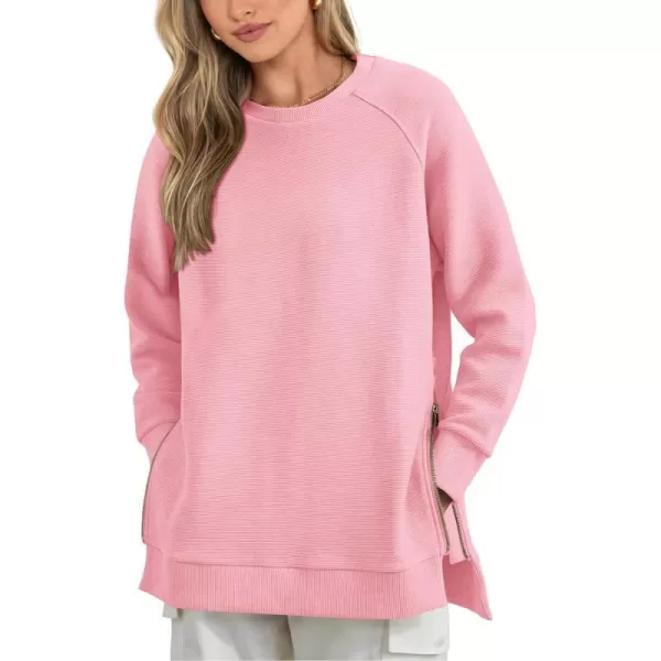 imageBTFBM Womens Oversized Sweatshirt 2023 Fall Fashion Crew Neck Long Sleeve Slit Casual Pullover Tops with Side ZipperSolid Pink