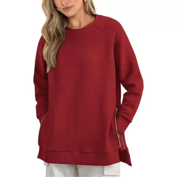imageBTFBM Womens Oversized Sweatshirt 2023 Fall Fashion Crew Neck Long Sleeve Slit Casual Pullover Tops with Side ZipperSolid Rust Red