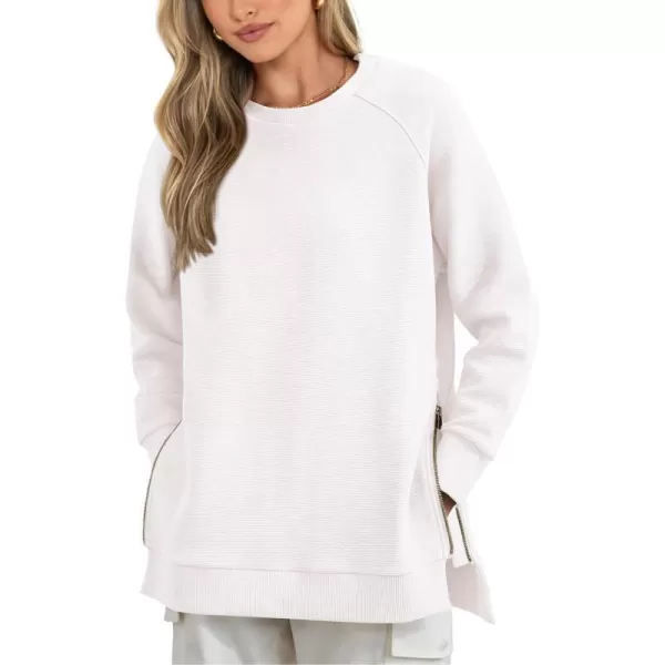 imageBTFBM Womens Oversized Sweatshirt 2023 Fall Fashion Crew Neck Long Sleeve Slit Casual Pullover Tops with Side ZipperSolid White