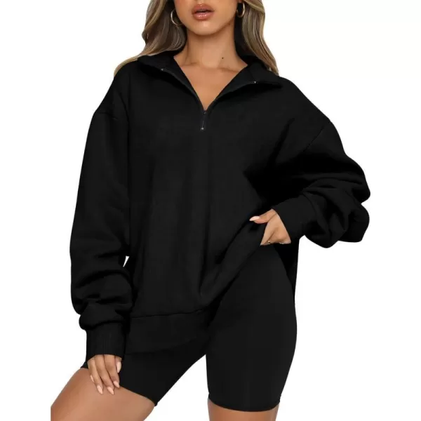imageBTFBM Womens Quarter Zip Long Sleeve Sweatshirt Oversized Casual 2023 Fall Winter Fashion Hoodies Pullover Y2K ClothesSolid Black