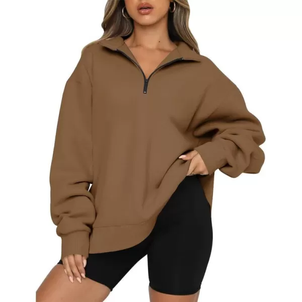 imageBTFBM Womens Quarter Zip Long Sleeve Sweatshirt Oversized Casual 2023 Fall Winter Fashion Hoodies Pullover Y2K ClothesSolid Brown