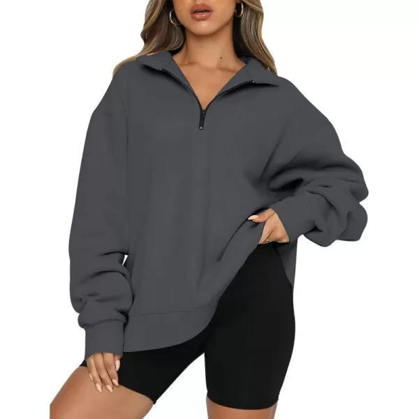 imageBTFBM Womens Quarter Zip Long Sleeve Sweatshirt Oversized Casual 2023 Fall Winter Fashion Hoodies Pullover Y2K ClothesSolid Dark Grey