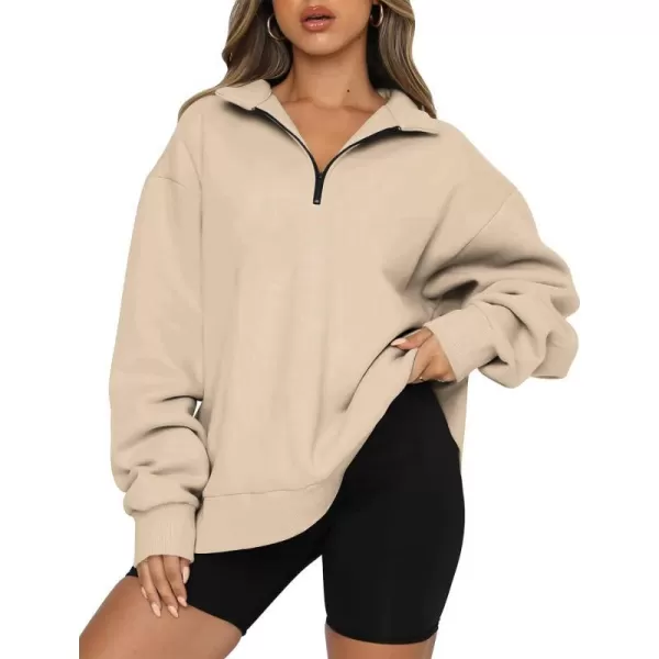 imageBTFBM Womens Quarter Zip Long Sleeve Sweatshirt Oversized Casual 2023 Fall Winter Fashion Hoodies Pullover Y2K ClothesSolid Khaki