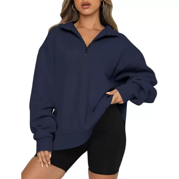 imageBTFBM Womens Quarter Zip Long Sleeve Sweatshirt Oversized Casual 2023 Fall Winter Fashion Hoodies Pullover Y2K ClothesSolid Navy