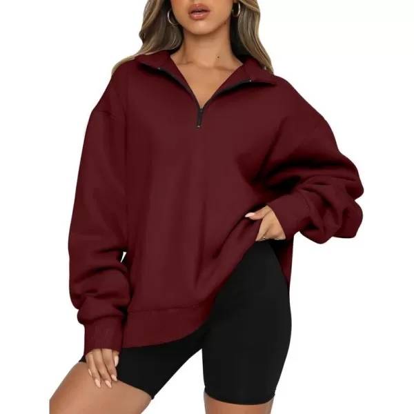 imageBTFBM Womens Quarter Zip Long Sleeve Sweatshirt Oversized Casual 2023 Fall Winter Fashion Hoodies Pullover Y2K ClothesSolid Wine Red