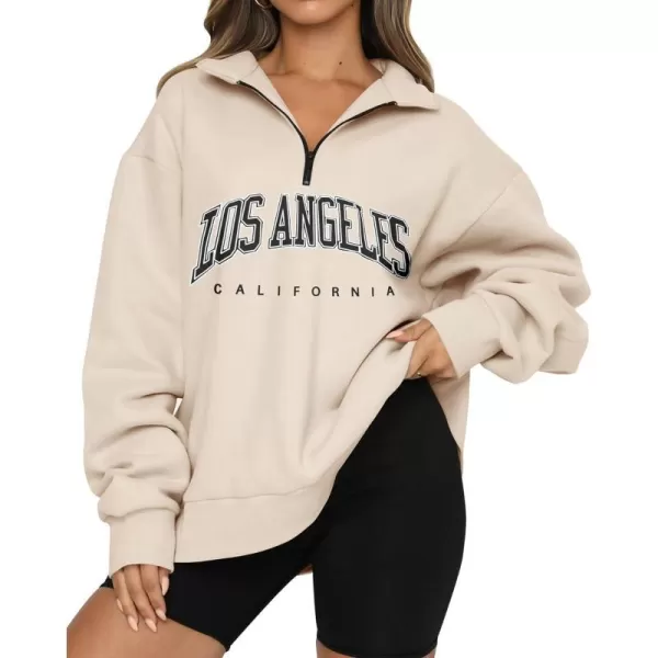 imageBTFBM Womens Quarter Zip Long Sleeve Sweatshirt Oversized Casual 2023 Fall Winter Fashion Hoodies Pullover Y2K ClothesZipper Beige