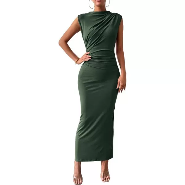 imageBTFBM Womens Ruched Bodycon Dress Summer Casual Sleeveless Back Slit Elegant Club Evening Party Cocktail Maxi DressesSolid Army Green