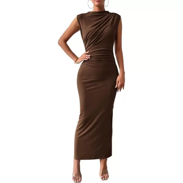 imageBTFBM Womens Ruched Bodycon Dress Summer Casual Sleeveless Back Slit Elegant Club Evening Party Cocktail Maxi DressesSolid Coffee