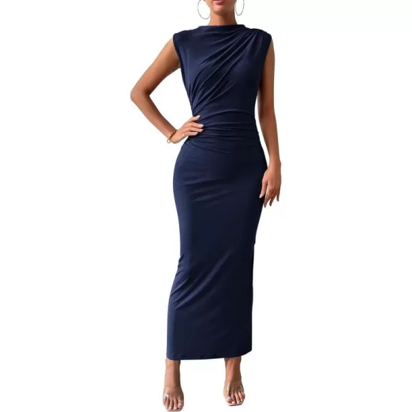 imageBTFBM Womens Ruched Bodycon Dress Summer Casual Sleeveless Back Slit Elegant Club Evening Party Cocktail Maxi DressesSolid Navy