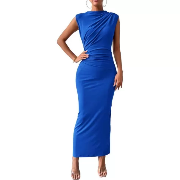 imageBTFBM Womens Ruched Bodycon Dress Summer Casual Sleeveless Back Slit Elegant Club Evening Party Cocktail Maxi DressesSolid Royal Blue
