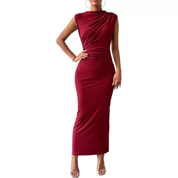 imageBTFBM Womens Ruched Bodycon Dress Summer Casual Sleeveless Back Slit Elegant Club Evening Party Cocktail Maxi DressesSolid Wine Red