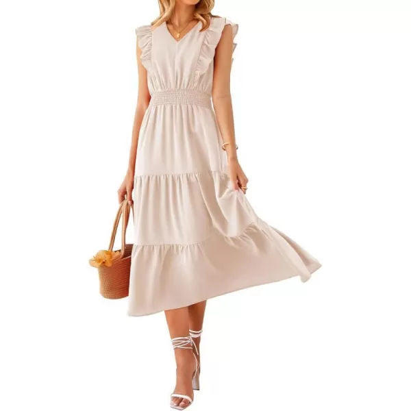 imageBTFBM Womens Ruffle Trim Sleeveless V Neck Maxi Long Dress Elastic Waist Pleated Swing Aline Elegant Summer Beach DressesSolid Apricot