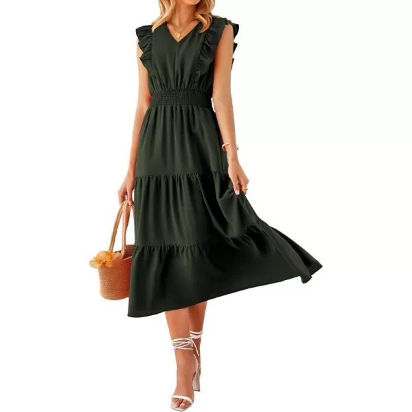 imageBTFBM Womens Ruffle Trim Sleeveless V Neck Maxi Long Dress Elastic Waist Pleated Swing Aline Elegant Summer Beach DressesSolid Army Green