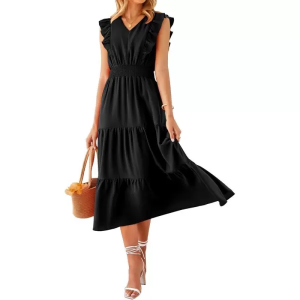 imageBTFBM Womens Ruffle Trim Sleeveless V Neck Maxi Long Dress Elastic Waist Pleated Swing Aline Elegant Summer Beach DressesSolid Black