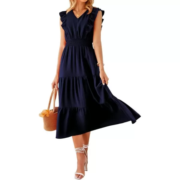 imageBTFBM Womens Ruffle Trim Sleeveless V Neck Maxi Long Dress Elastic Waist Pleated Swing Aline Elegant Summer Beach DressesSolid Navy