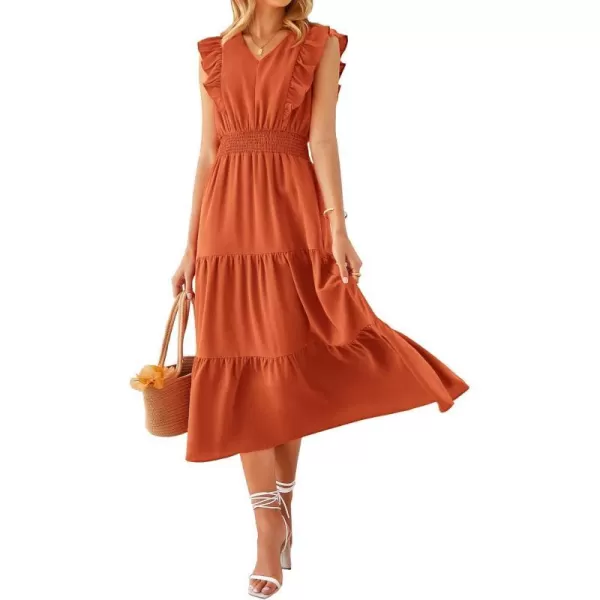 imageBTFBM Womens Ruffle Trim Sleeveless V Neck Maxi Long Dress Elastic Waist Pleated Swing Aline Elegant Summer Beach DressesSolid Orange