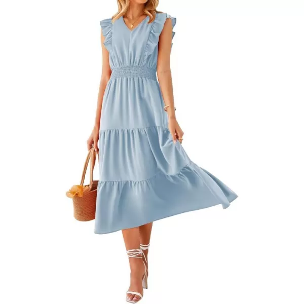imageBTFBM Womens Ruffle Trim Sleeveless V Neck Maxi Long Dress Elastic Waist Pleated Swing Aline Elegant Summer Beach DressesSolid Sky Blue