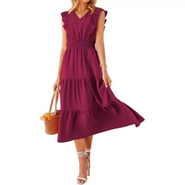 imageBTFBM Womens Ruffle Trim Sleeveless V Neck Maxi Long Dress Elastic Waist Pleated Swing Aline Elegant Summer Beach DressesSolid Wine Red