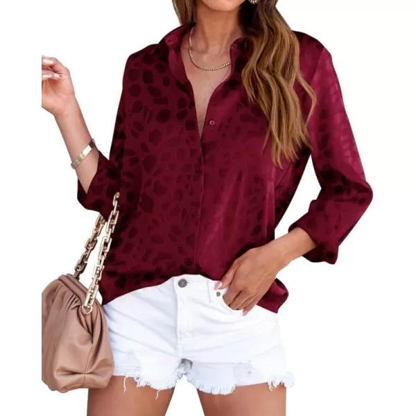 imageBTFBM Womens Satin Button Down Shirts Roll Up Long Sleeve Lapel V Neck Loose Casual Work Summer Spring Blouse Tops 2024Leopard Wine Red