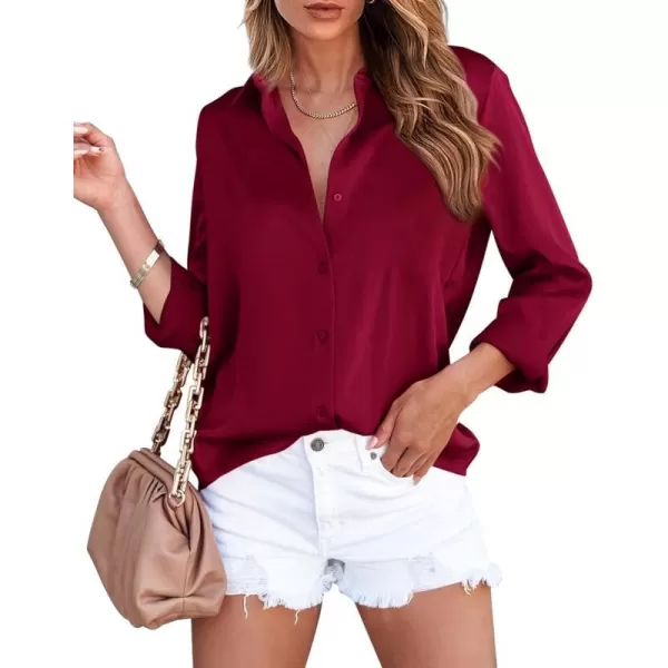 imageBTFBM Womens Satin Button Down Shirts Roll Up Long Sleeve Lapel V Neck Loose Casual Work Summer Spring Blouse Tops 2024Solid Wine Red