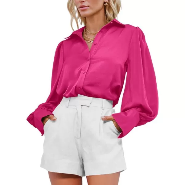 imageBTFBM Womens Satin Button Down Shirts Summer Fall Lantern Long Sleeve Lapel V Neck Blouse Loose Casual Office Work TopsSolid Rose Red