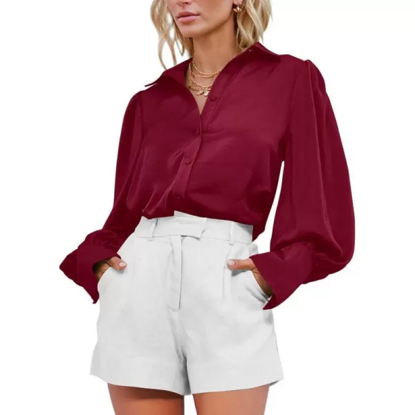 imageBTFBM Womens Satin Button Down Shirts Summer Fall Lantern Long Sleeve Lapel V Neck Blouse Loose Casual Office Work TopsSolid Wine Red