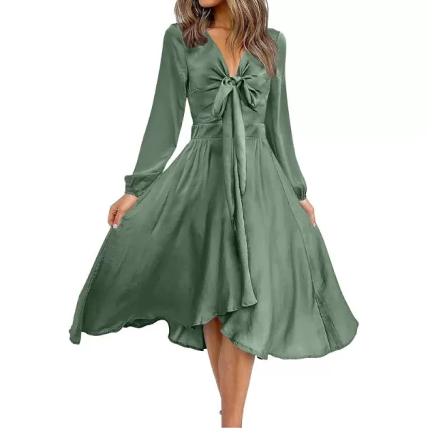 imageBTFBM Womens Satin Deep V Neck Summer Dresses Short Sleeve Tie Front High Waist Flowy Ruffle ALine Midi Cocktail DressLong Solid Army Green