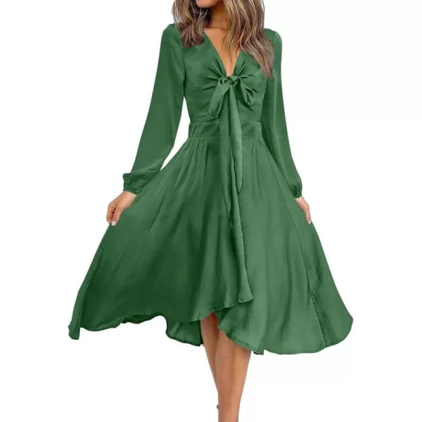 imageBTFBM Womens Satin Deep V Neck Summer Dresses Short Sleeve Tie Front High Waist Flowy Ruffle ALine Midi Cocktail DressLong Solid Green