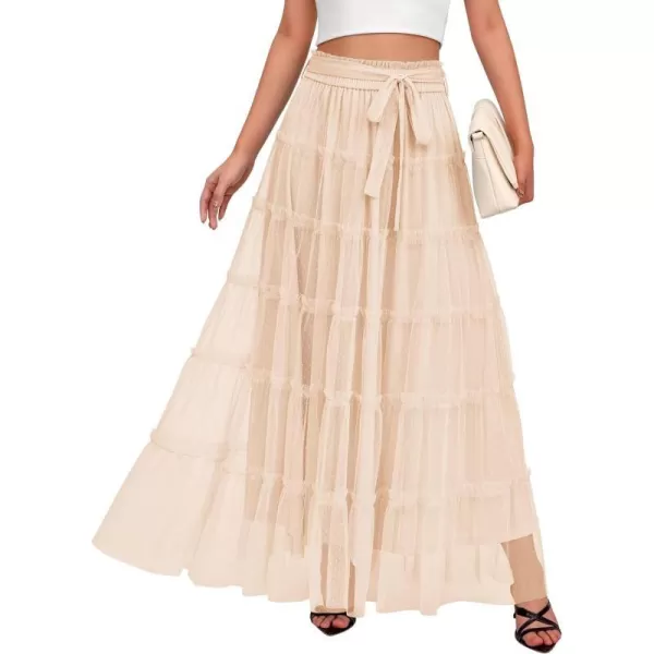 imageBTFBM Womens Skirts Party Cocktail 2024 Summer Fairy Skirt Elastic Waist Ruffle Tiered ALine Belt Tulle Maxi DressesSolid Beige