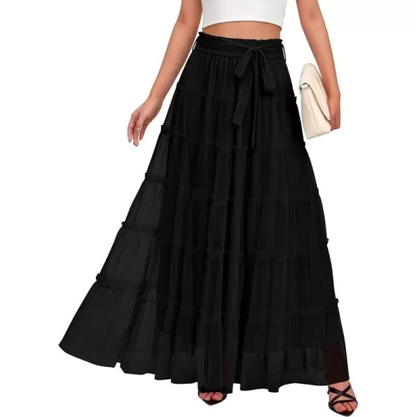 imageBTFBM Womens Skirts Party Cocktail 2024 Summer Fairy Skirt Elastic Waist Ruffle Tiered ALine Belt Tulle Maxi DressesSolid Black