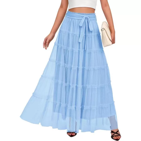 imageBTFBM Womens Skirts Party Cocktail 2024 Summer Fairy Skirt Elastic Waist Ruffle Tiered ALine Belt Tulle Maxi DressesSolid Light Blue