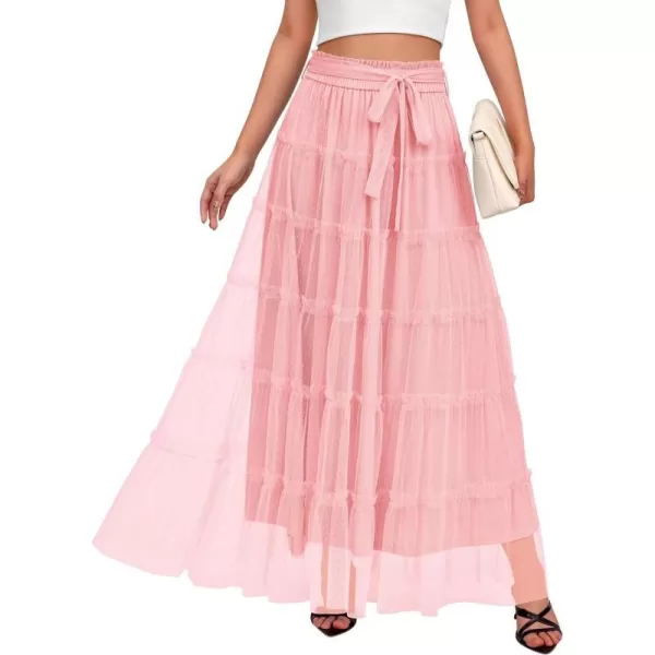 imageBTFBM Womens Skirts Party Cocktail 2024 Summer Fairy Skirt Elastic Waist Ruffle Tiered ALine Belt Tulle Maxi DressesSolid Pink