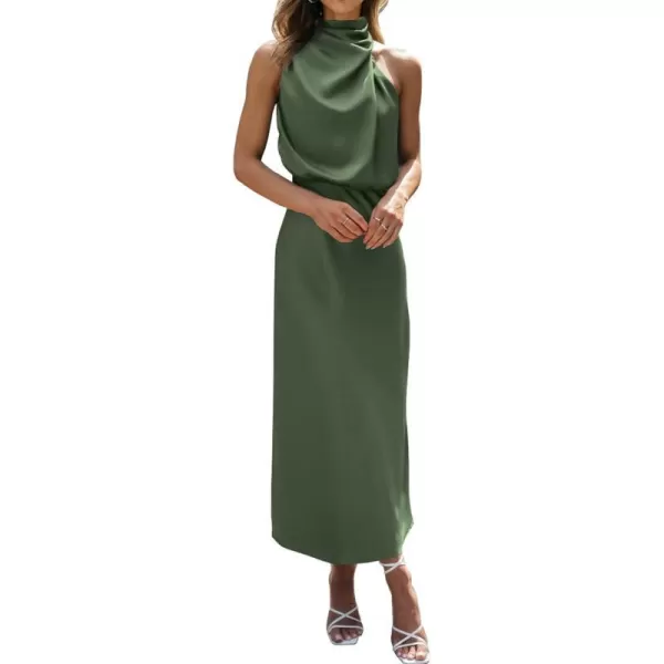 imageBTFBM Womens Sleeveless Cocktail Dresses Mock Neck Keyhole Elastic High Waist Wedding Guest Evening Party Maxi DressSolid Army Green