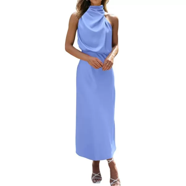 imageBTFBM Womens Sleeveless Cocktail Dresses Mock Neck Keyhole Elastic High Waist Wedding Guest Evening Party Maxi DressSolid Blue