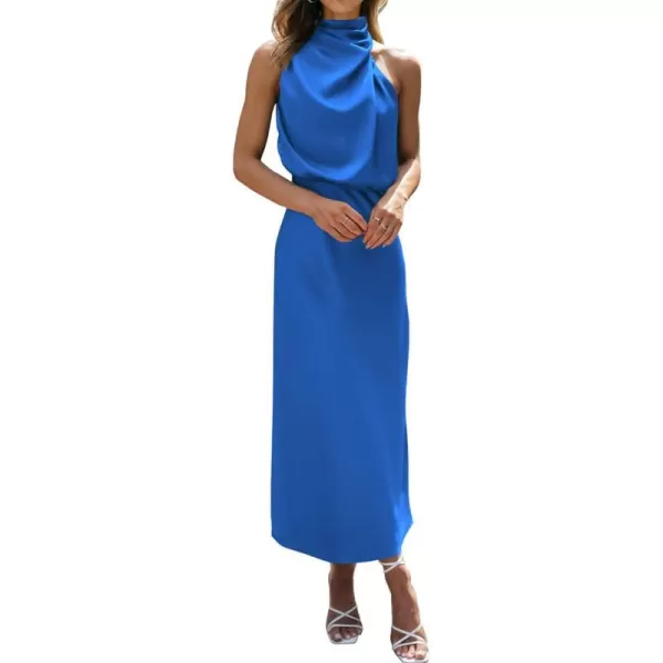 imageBTFBM Womens Sleeveless Cocktail Dresses Mock Neck Keyhole Elastic High Waist Wedding Guest Evening Party Maxi DressSolid Brilliant Blue