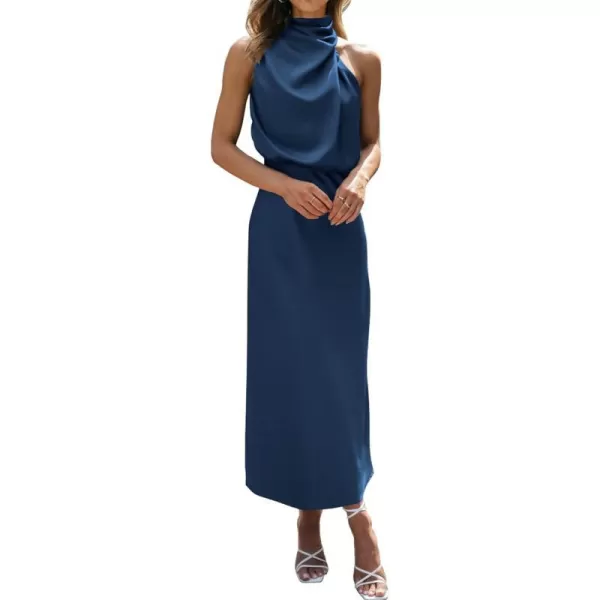 imageBTFBM Womens Sleeveless Cocktail Dresses Mock Neck Keyhole Elastic High Waist Wedding Guest Evening Party Maxi DressSolid Dark Blue